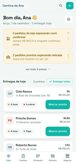 Captura real do Hoje do app, reduzida a 264 por 571 e servida a 132 px de largura.